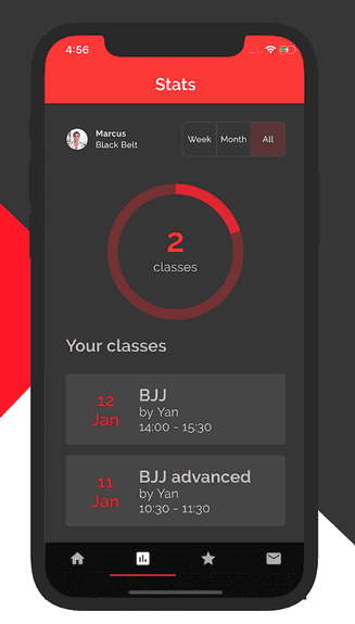 The Strive BJJ app lets you check into class and keeps track of student attendance.